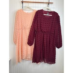 NEW Amazon Swiss Dot Midi Dresses Peach Burgundy Long Sleeve Bundle Size 3XL